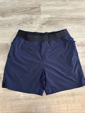 Fabletics Navy Athletic Shorts with Black Waistband